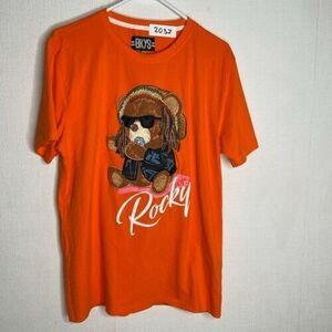 BKYS Denim Rocky Bohemian Short Sleeve T-Shirt Men Size L Orange Embroidered 3D